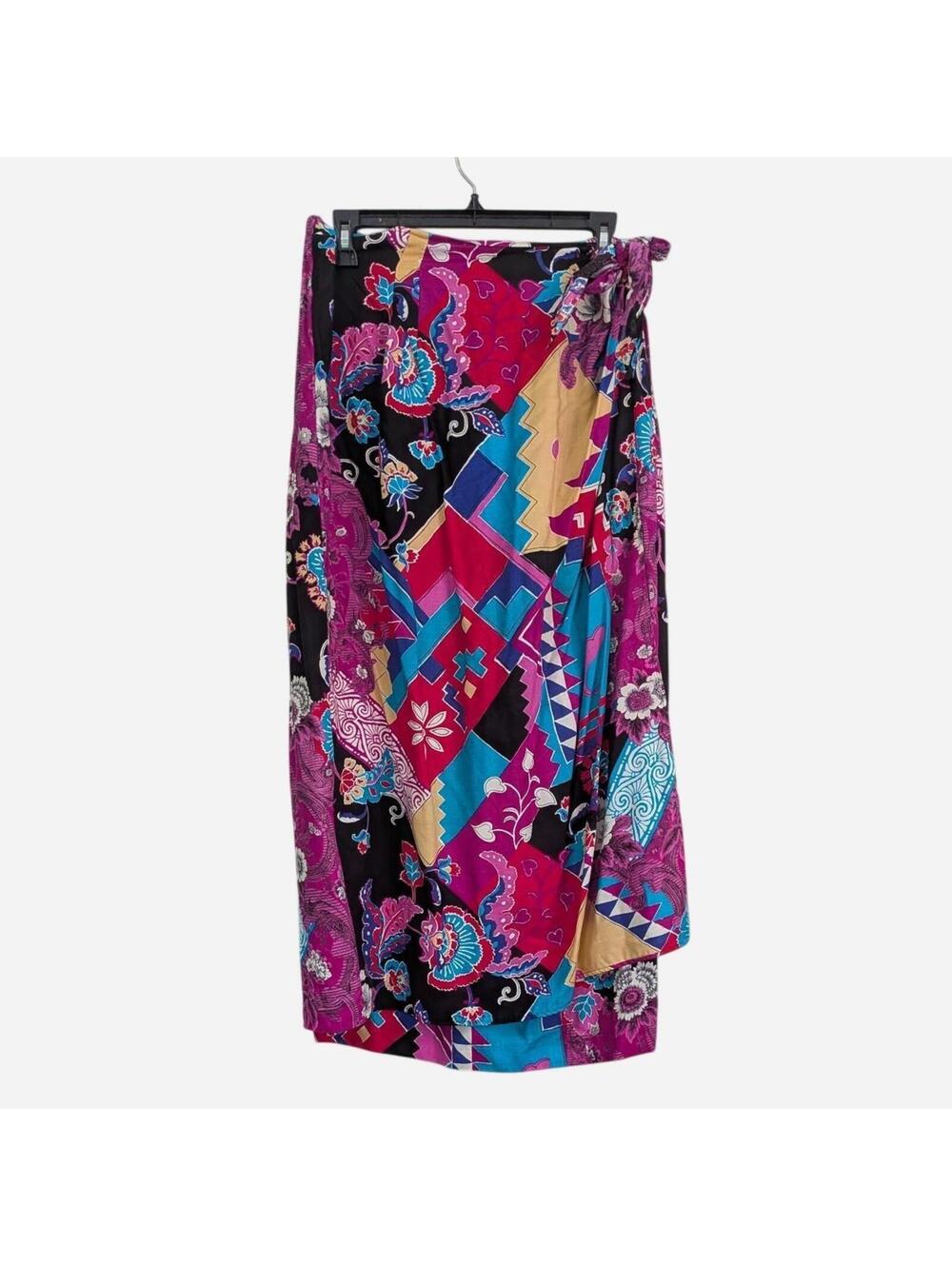 1980s Liz Baker Maximalist Patchwork Print 100% Rayon Wrap Midi Skirt 1X/2X